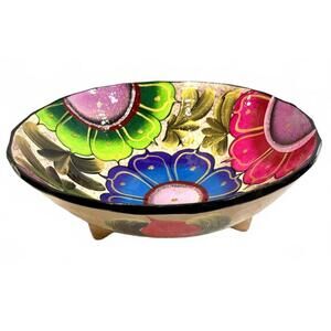 Vintage Hand-Painted Floral Clay Footed Bowl - Mexican Tonalá Colorful Folk Art